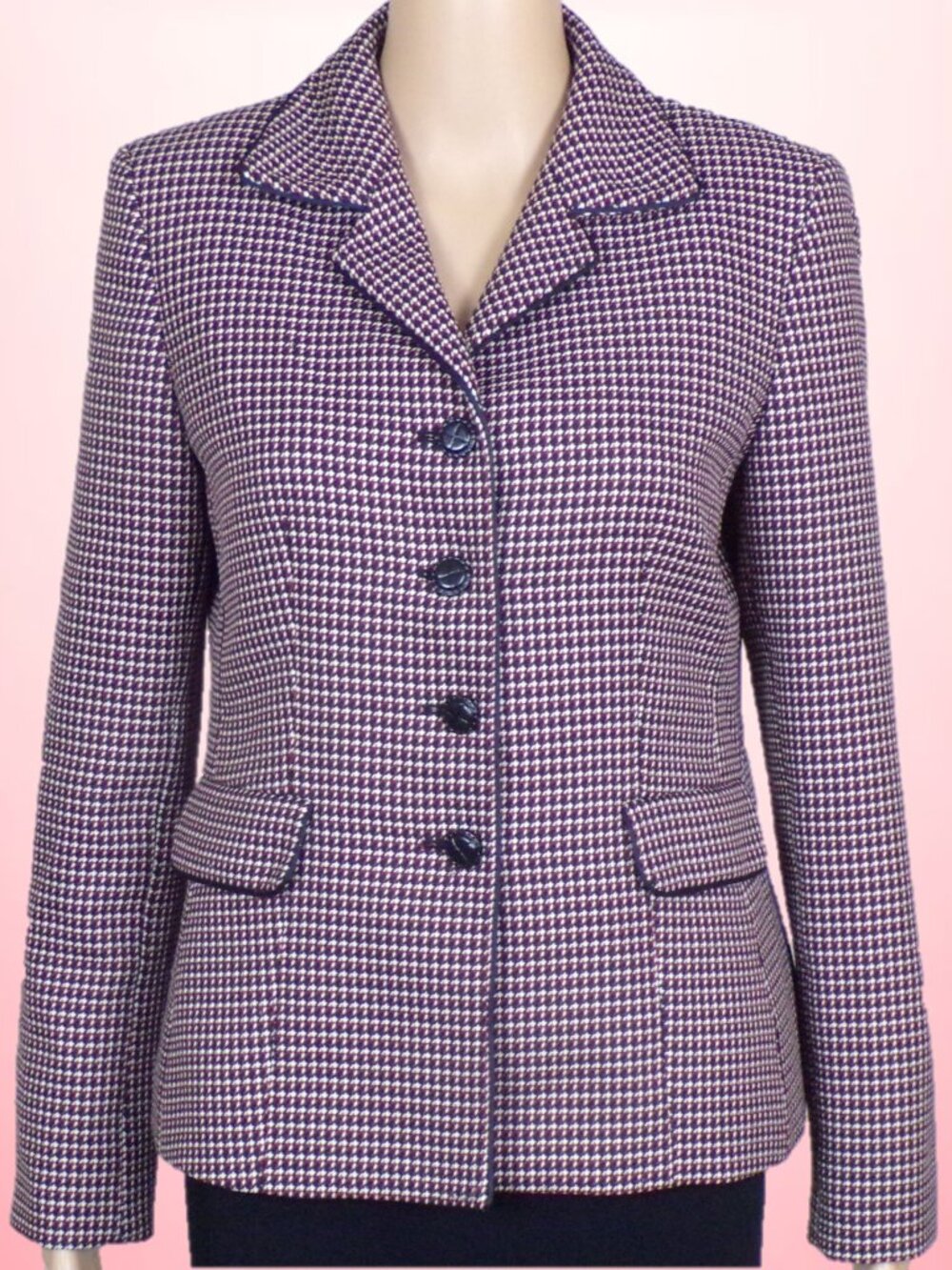 SUIT STUDIO size 6 black/burgundy/buff houndstooth-tweed blazer 100% polyester